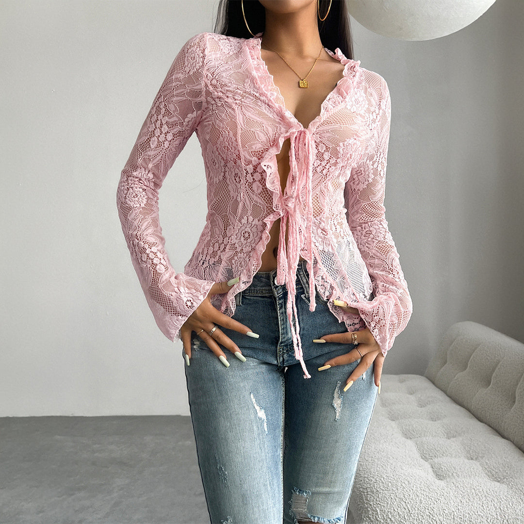 Damen Spitzenbluse mit Rüschendetails und tailliertem Schnitt Echo Archiv