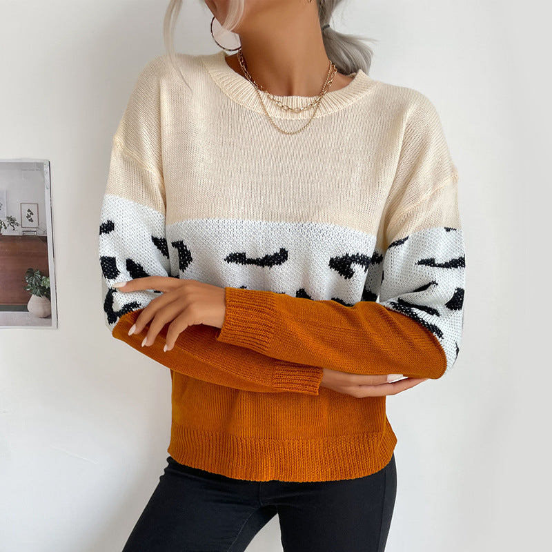 Damen Colorblock Strickpullover mit Leopardenmuster, Rundhals und lässiger Passform Echoarchiv