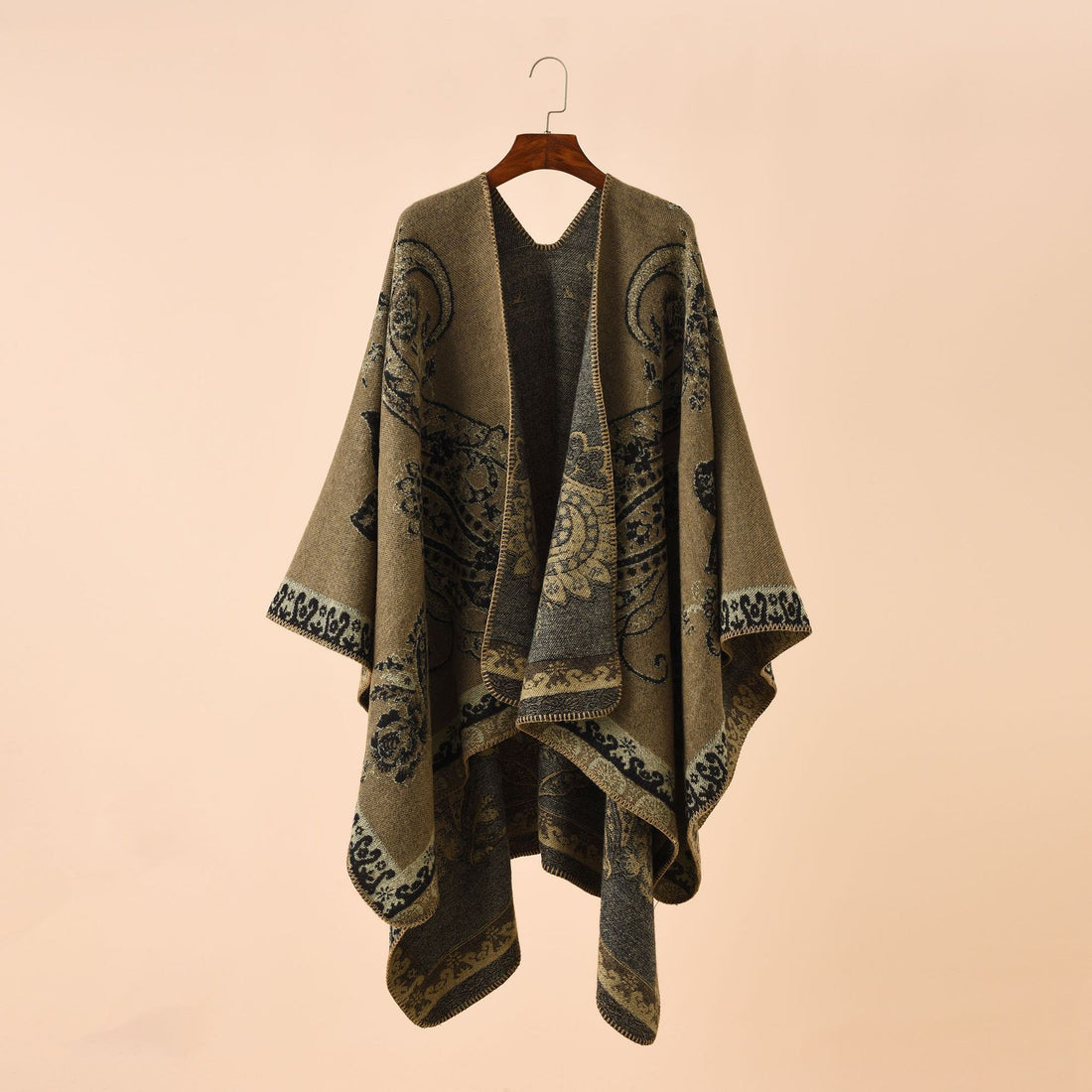 Damen Oversize Strickponcho mit Paisley-Muster und offenem Fall – Veloura
