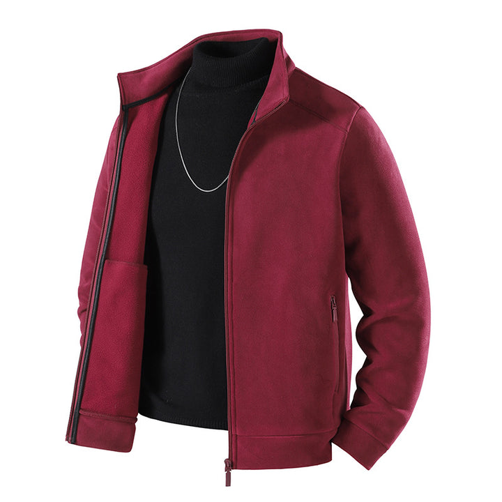 Herren Schlichte Velours-Optik Übergangsjacke mit hochschließendem Stehkragen, verdecktem Zwei-Wege-Reißverschluss & Zip-Taschen Echoarchiv