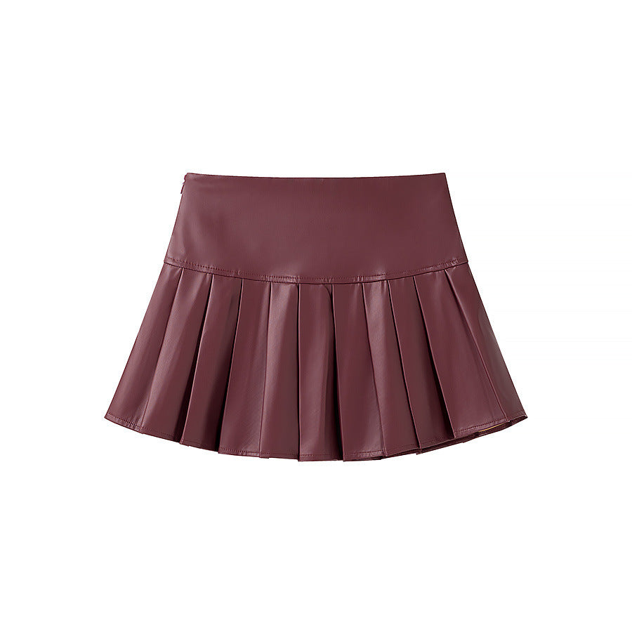 Damen tailliertes Doppelreiher-Blazer- und Faltenmini-Set aus veganem Leder – Valéne