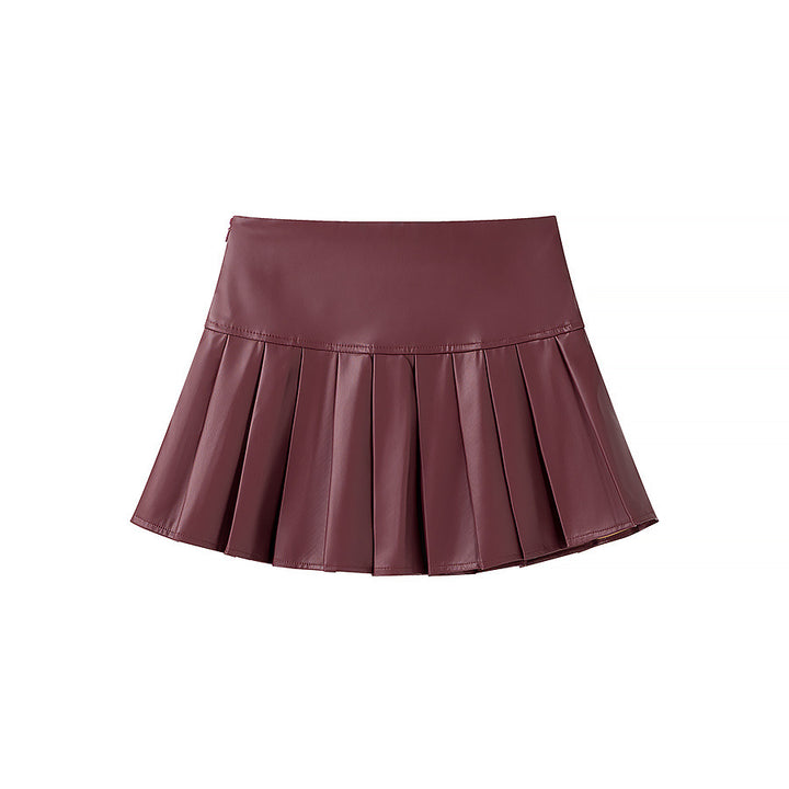 Damen tailliertes Doppelreiher-Blazer- und Faltenmini-Set aus veganem Leder – Valéne