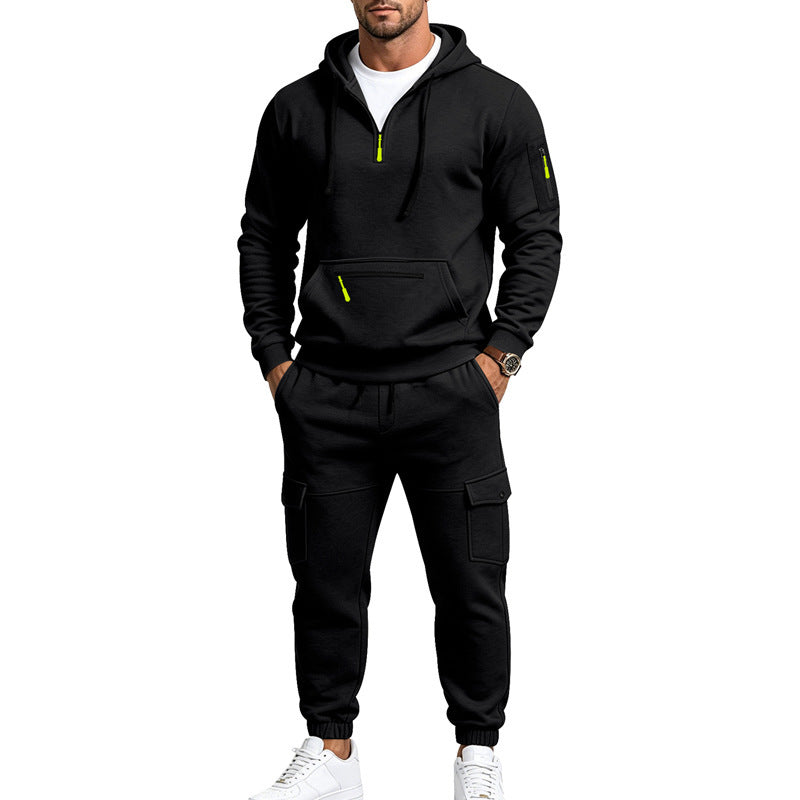 Herren Zweiteiliges Fleece-Loungewear-Set mit Halbzip-Kapuze und Cargo-Jogger – Cavarno