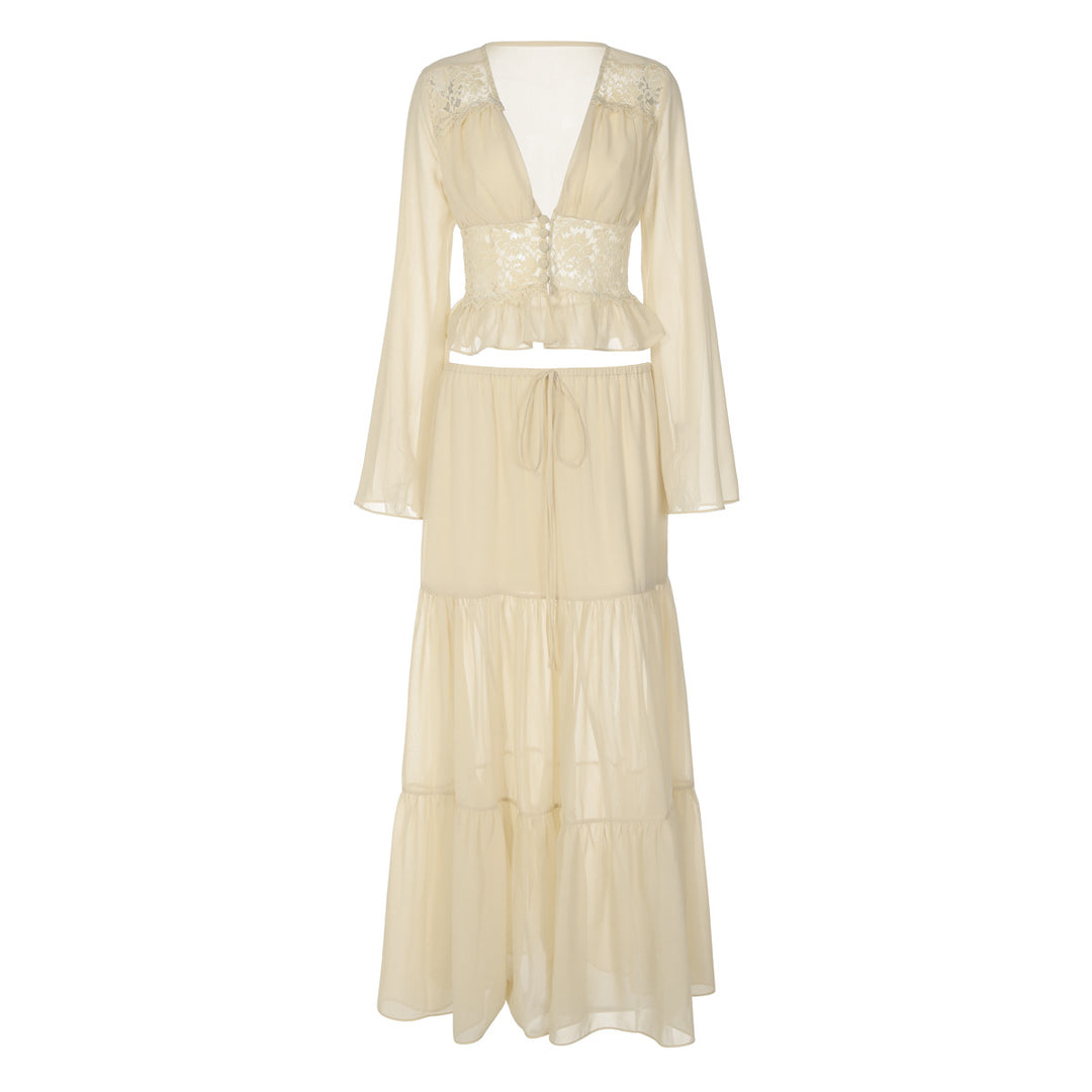 Damen Zweiteiliges Maxi-Kleid mit transparentem Oberteil und elastischem Bund Echo Archiv