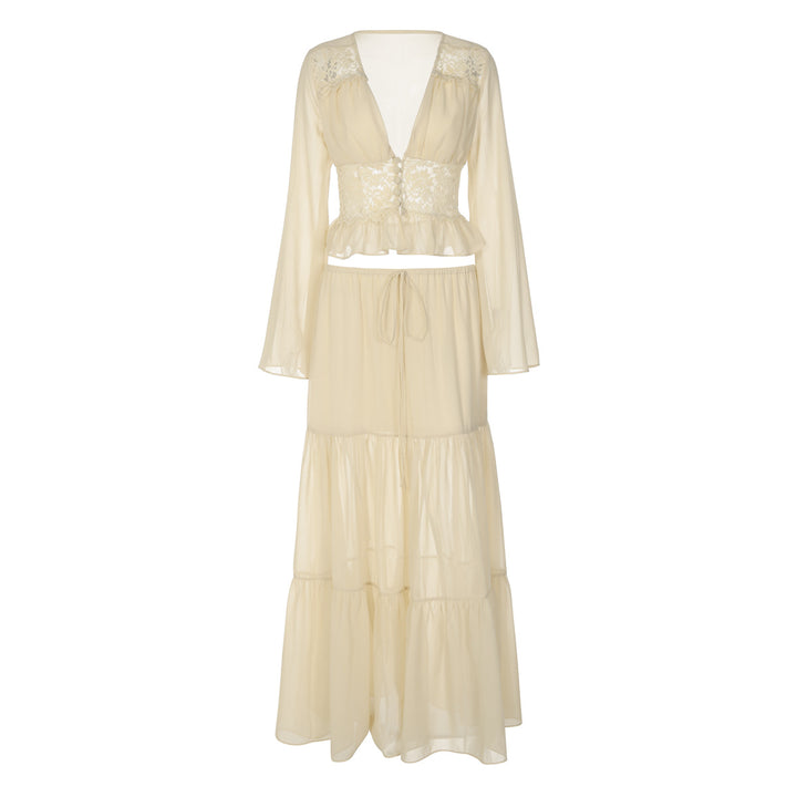 Damen Zweiteiliges Maxi-Kleid mit transparentem Oberteil und elastischem Bund Echo Archiv