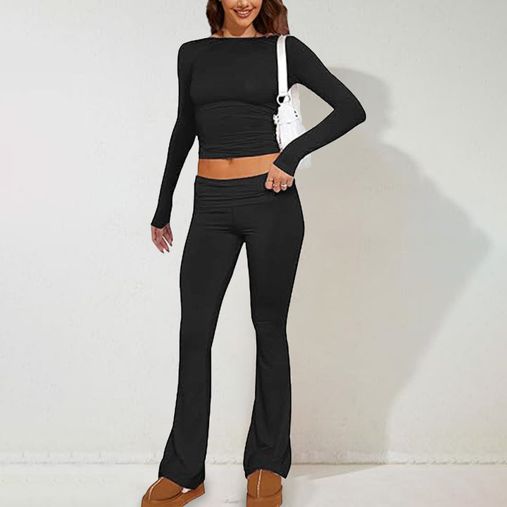 Damen zweiteiliges Stretch-Lounge-Set mit tailliertem Langarm-Crop-Top und High‑Waist Schlagleggings – Avérine