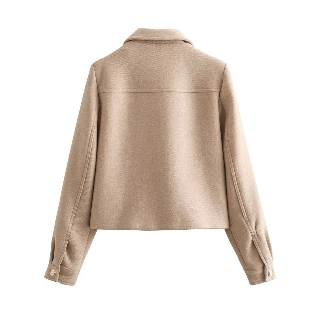 Damen kurze Wolloptik-Boxyjacke mit aufgesetzten Pattentaschen und klassischem Kragen – Célinea