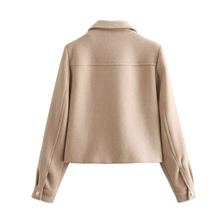 Damen kurze Wolloptik-Boxyjacke mit aufgesetzten Pattentaschen und klassischem Kragen – Célinea