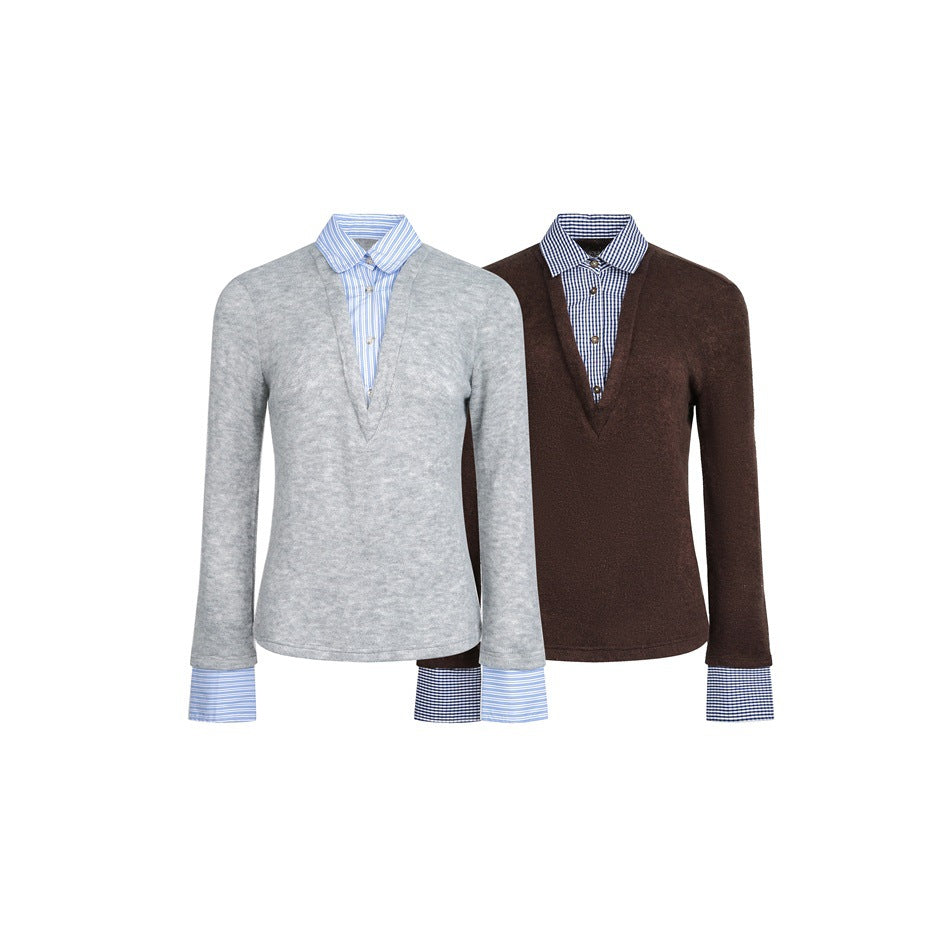Damen Lagenlook-Pullover mit integriertem Hemdkragen und Manschetten Echoarchiv