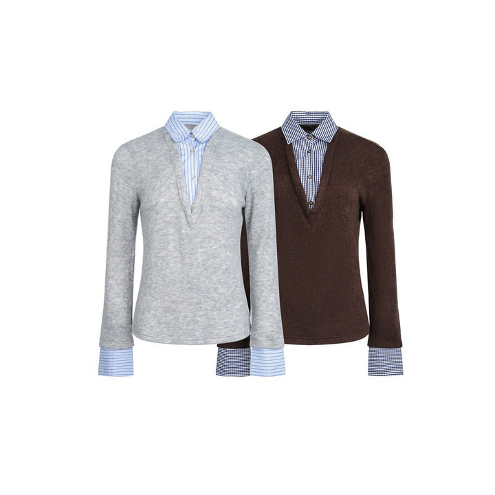 Damen Lagenlook-Pullover mit integriertem Hemdkragen und Manschetten Echoarchiv
