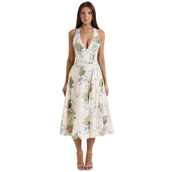 Damen Elegantes Blumen-Midikleid mit tiefem V-Ausschnitt Echo Archiv