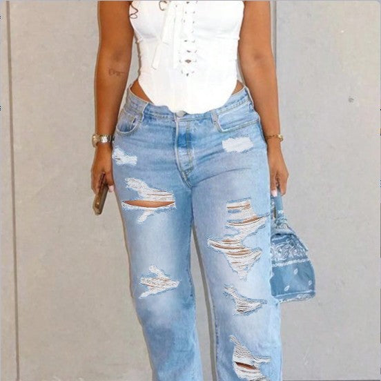 Damen Hochtaillierte Relaxed-Fit Straight-Jeans mit ausgeprägten Destroyed-Details Echo Archiv