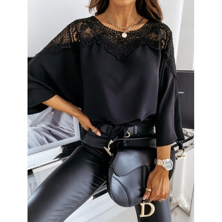 Damen nan elegante Spitzenbluse mit Bindeschleife und überschnittenen Ärmeln Echo Archiv