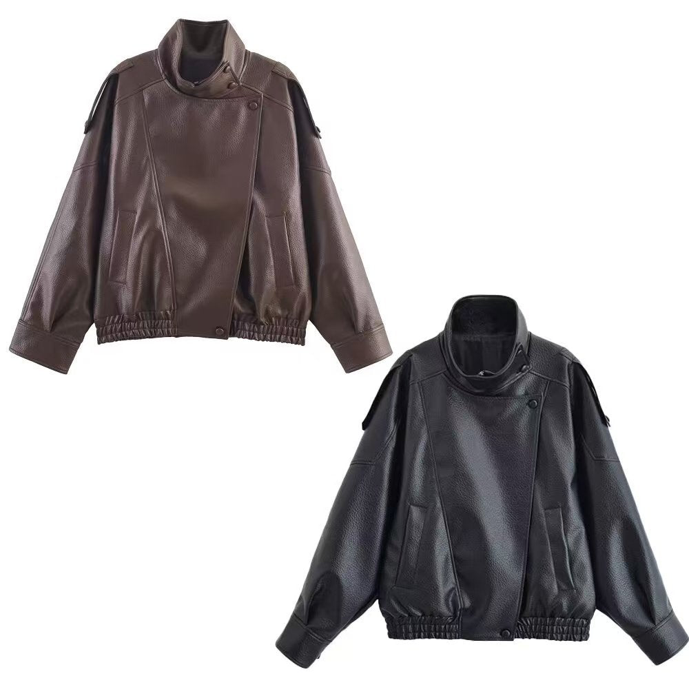 Damen nan Oversize Kunstleder-Bomberjacke mit hohem Stehkragen, Druckknopfblende und smockbündchen Echo Archiv