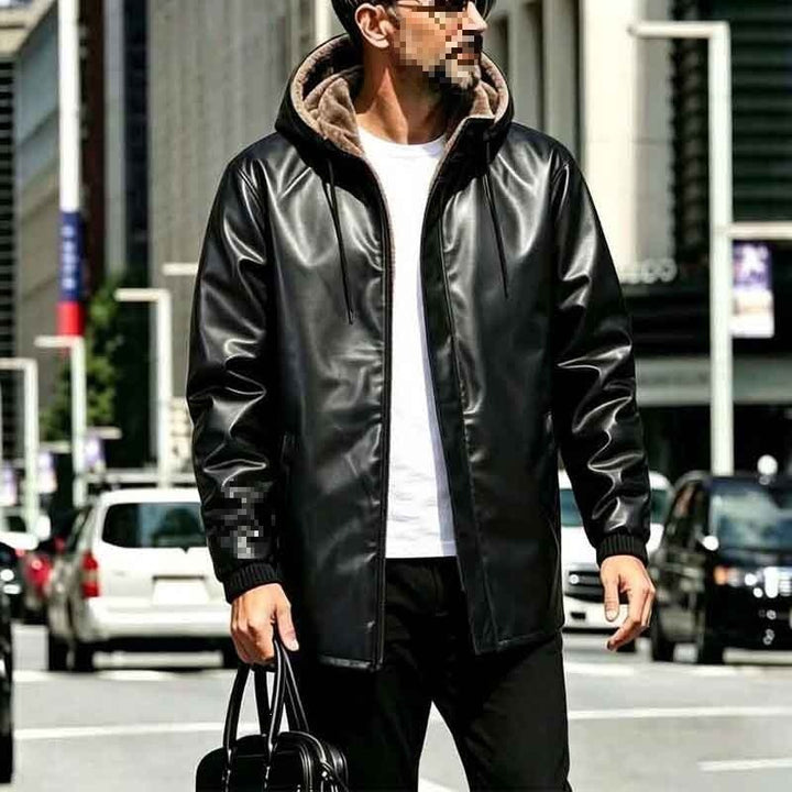 Herren Kunstleder-Parka mit Teddyfutter, Kapuze & verdecktem Reißverschluss Echoarchiv