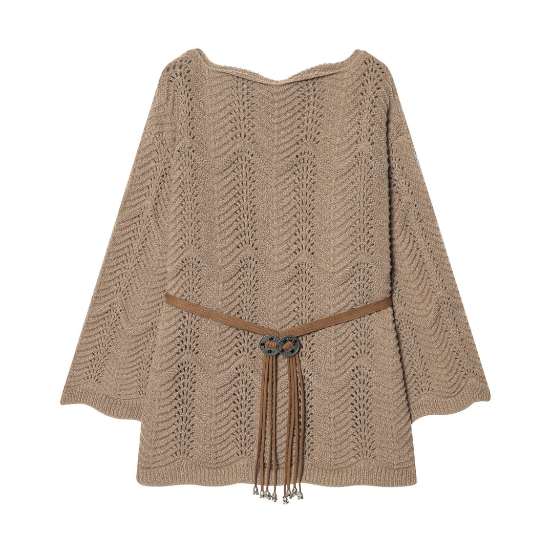 Damen nan gestricktes Poncho-Cape mit dekorativem Lederbandgürtel Echo Archiv