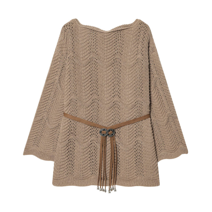Damen nan gestricktes Poncho-Cape mit dekorativem Lederbandgürtel Echo Archiv