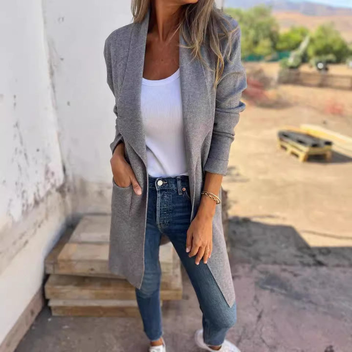 Damen Offener Longcardigan-Mantel mit Schalkragen und Eingrifftaschen – Veloura