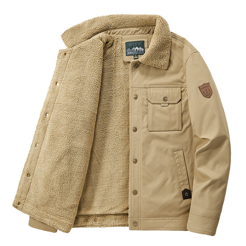 Herren Sherpa-gefütterte Canvas-Truckerjacke mit Teddyfutter und Utility‑Taschen Echo Archiv