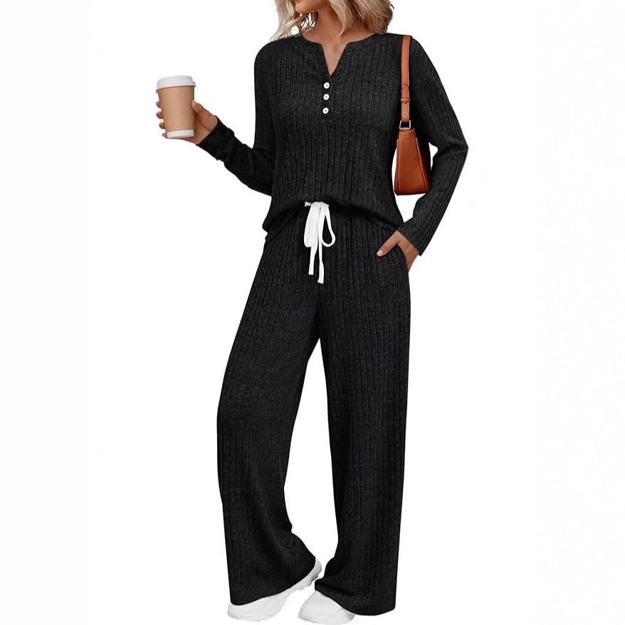 Damen Rippstrick-Lounge-Set mit Knopfleiste und weitem Kordelbund-Hose – Mavelle