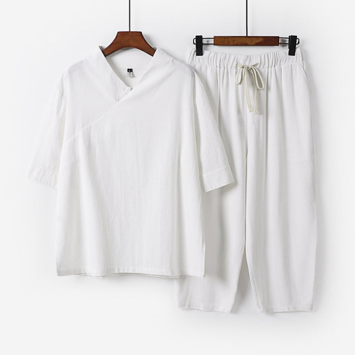 Herren Atmungsaktives Leinen-Baumwoll Lounge-Set mit asymmetrischem V-Kragen und elastischer Kordelhose Echoarchiv