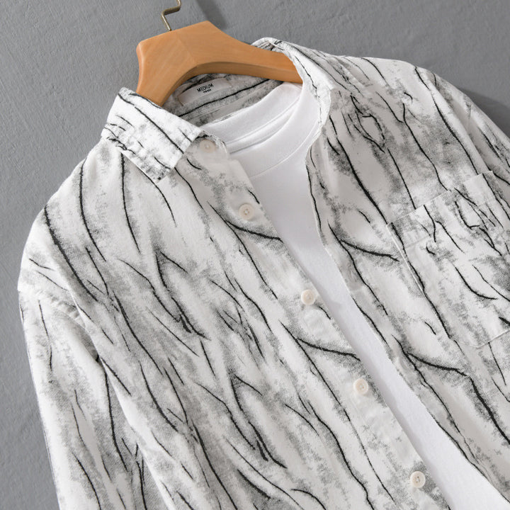 Herren Elegant-entspanntes Leinenmix-Hemd mit künstlerischem Pinselstrich-Print und Brusttasche Echoarchiv