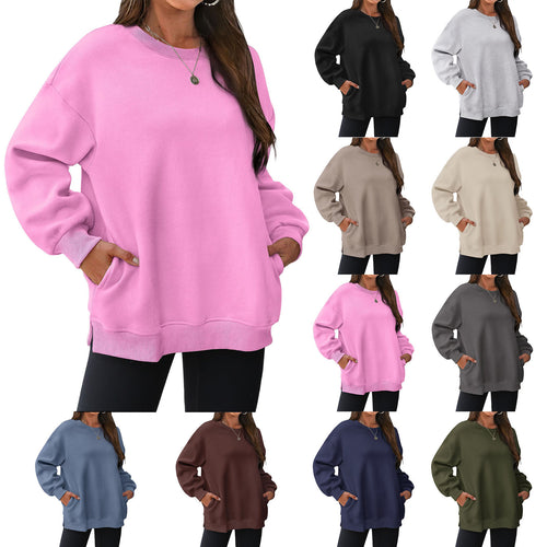 Damen verlängertes Oversize Rundhalspullover mit seitlichen Eingrifftaschen, Rippbündchen und überschnittener Schulter – Mavelle