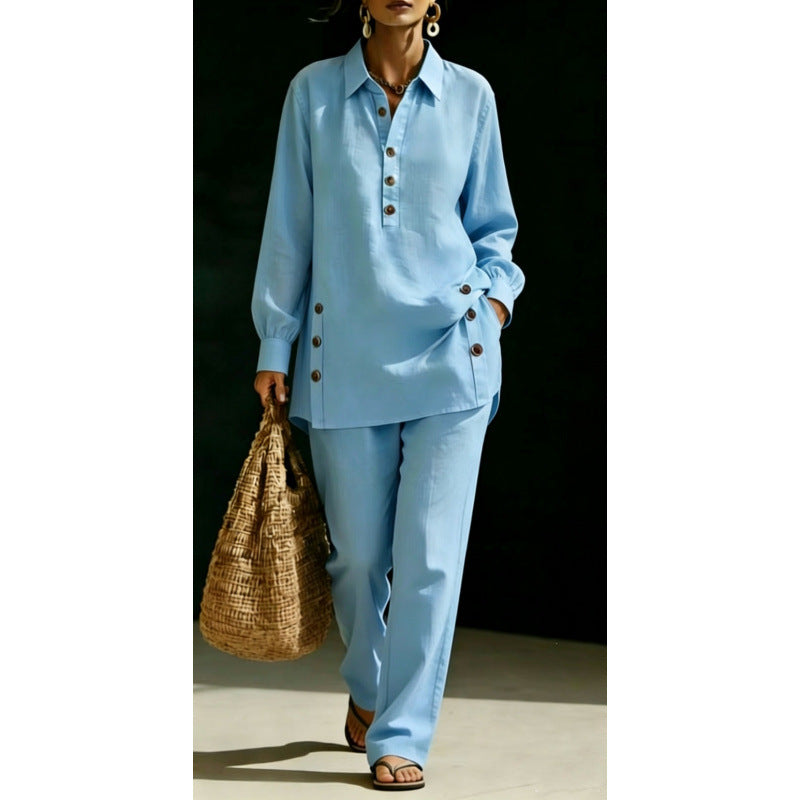 Damen Leichtes Oversize-Hemd-Tunika mit Zierknöpfen und Gerader Bundhose Echoarchiv