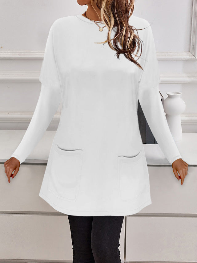 Damen Longline Feinstrick-Tunika mit Rundhalsausschnitt und aufgesetzten Taschen – Mavelle