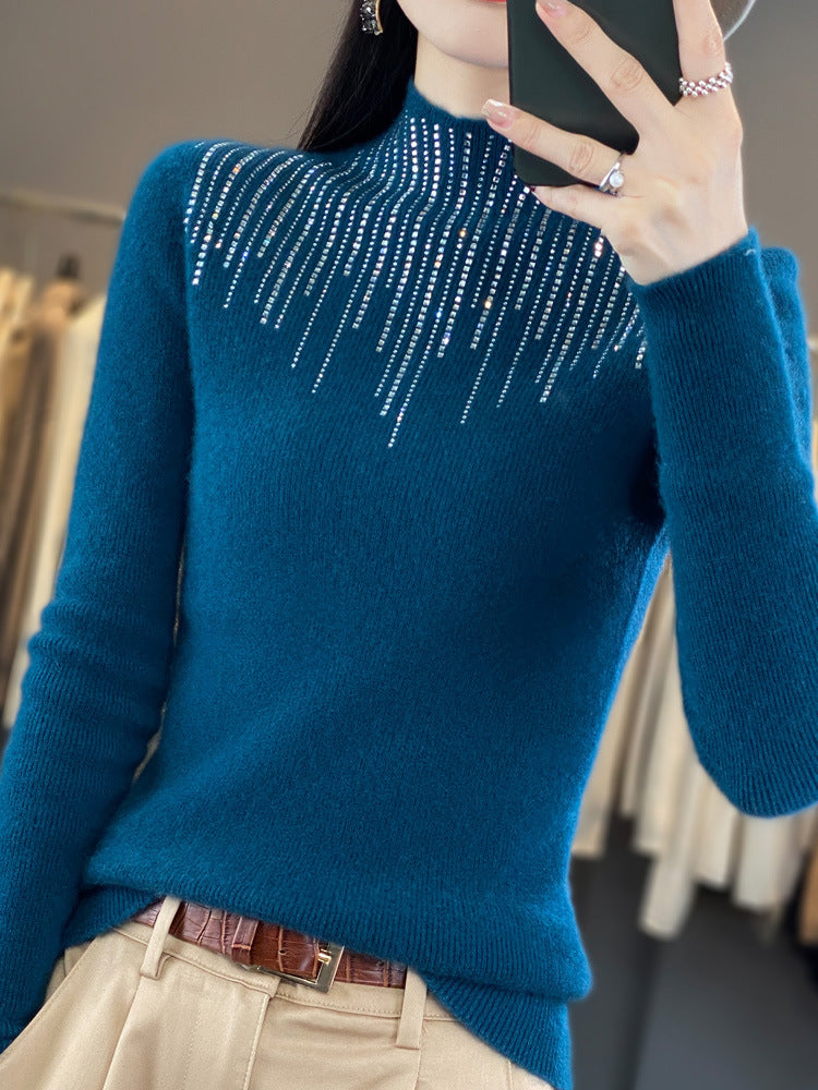Damen Kaschmir‑Optik Mockneck-Pullover mit funkelnder Strasskaskade Echoarchiv