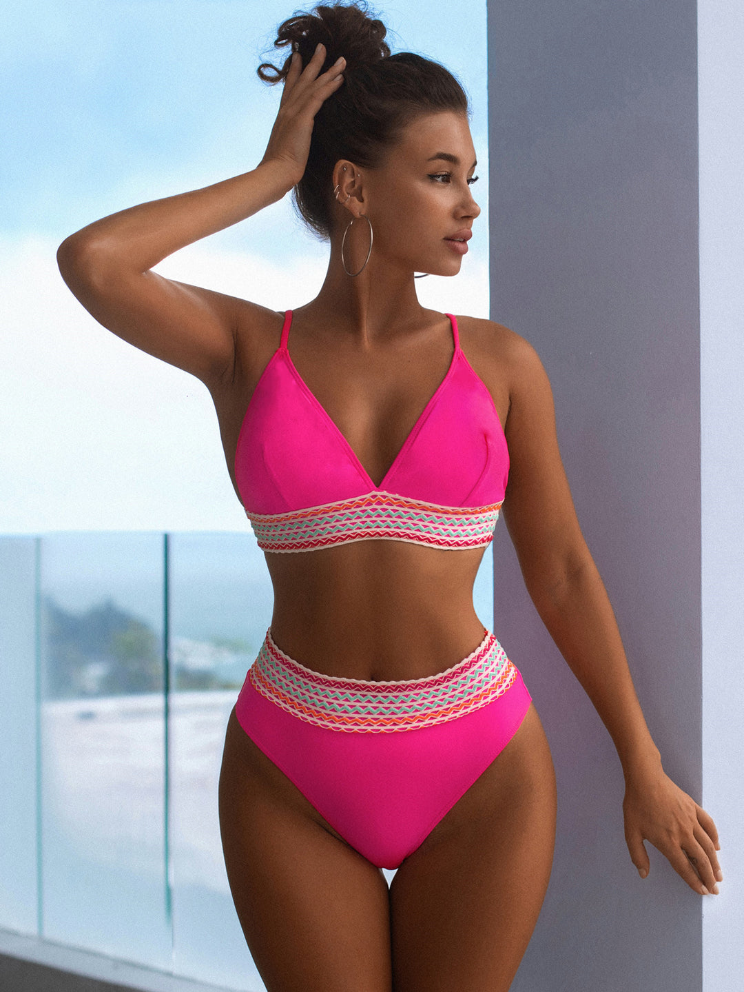 Damen Hochtailliertes Bikini-Set mit gestreiftem Bund Echo Archiv