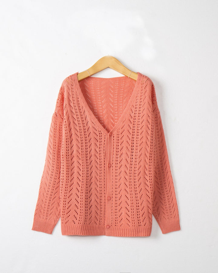 Damen Leichte Ajour-Strickjacke mit tiefem V-Ausschnitt und Knopfleiste Echo Archiv