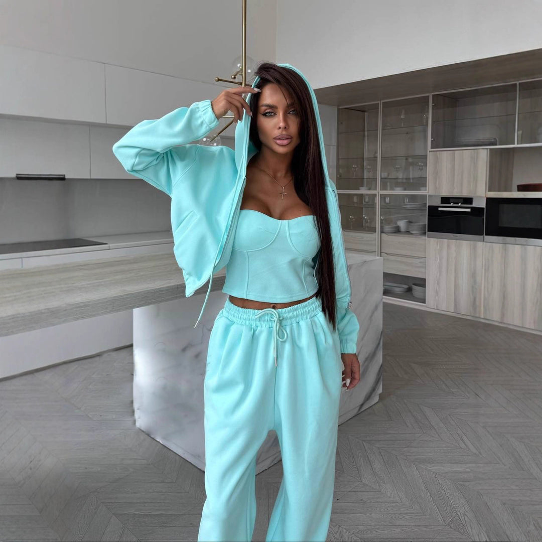 Damen Sculpting-Corsagen-Crop mit Kapuzen-Zipjacke und weiter High-Waist-Jogginghose – Avérine