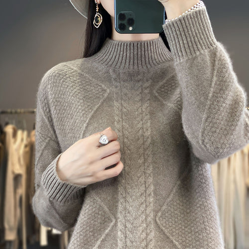Damen Weicher Zopfstrick-Mockneckpullover mit Strukturpatches und flauschiger Mohair-Optik Echoarchiv