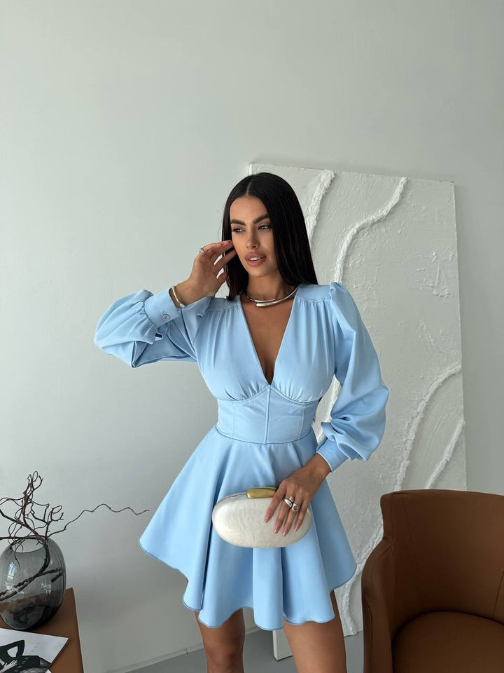 Damen Korsett-Detail Mini-Kleid mit Puffärmeln und ausgestelltem Rock Echoarchiv