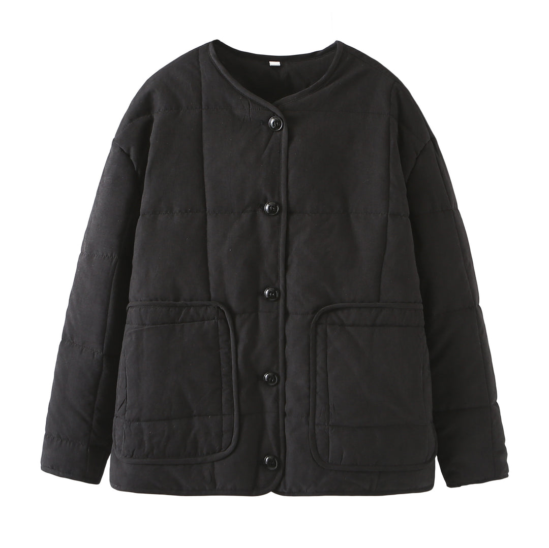Damen gesteppte Kurzjacke mit Rundhalsausschnitt, großen Pattentaschen und leichter Thermofütterung – Célinea