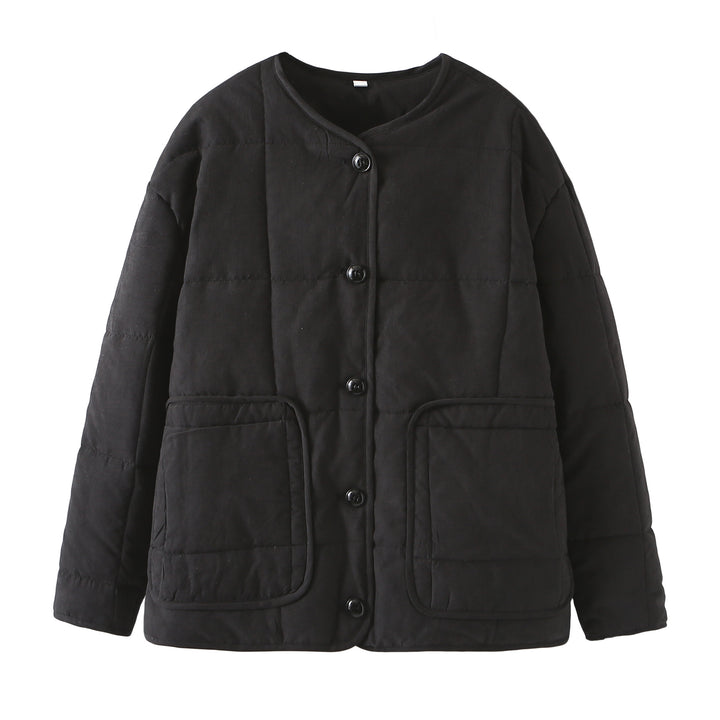 Damen gesteppte Kurzjacke mit Rundhalsausschnitt, großen Pattentaschen und leichter Thermofütterung – Célinea