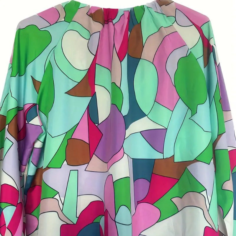 Damen oversized Bluse mit farbenfrohem grafischen Muster und weit ausgestellten Ärmeln Echo Archiv