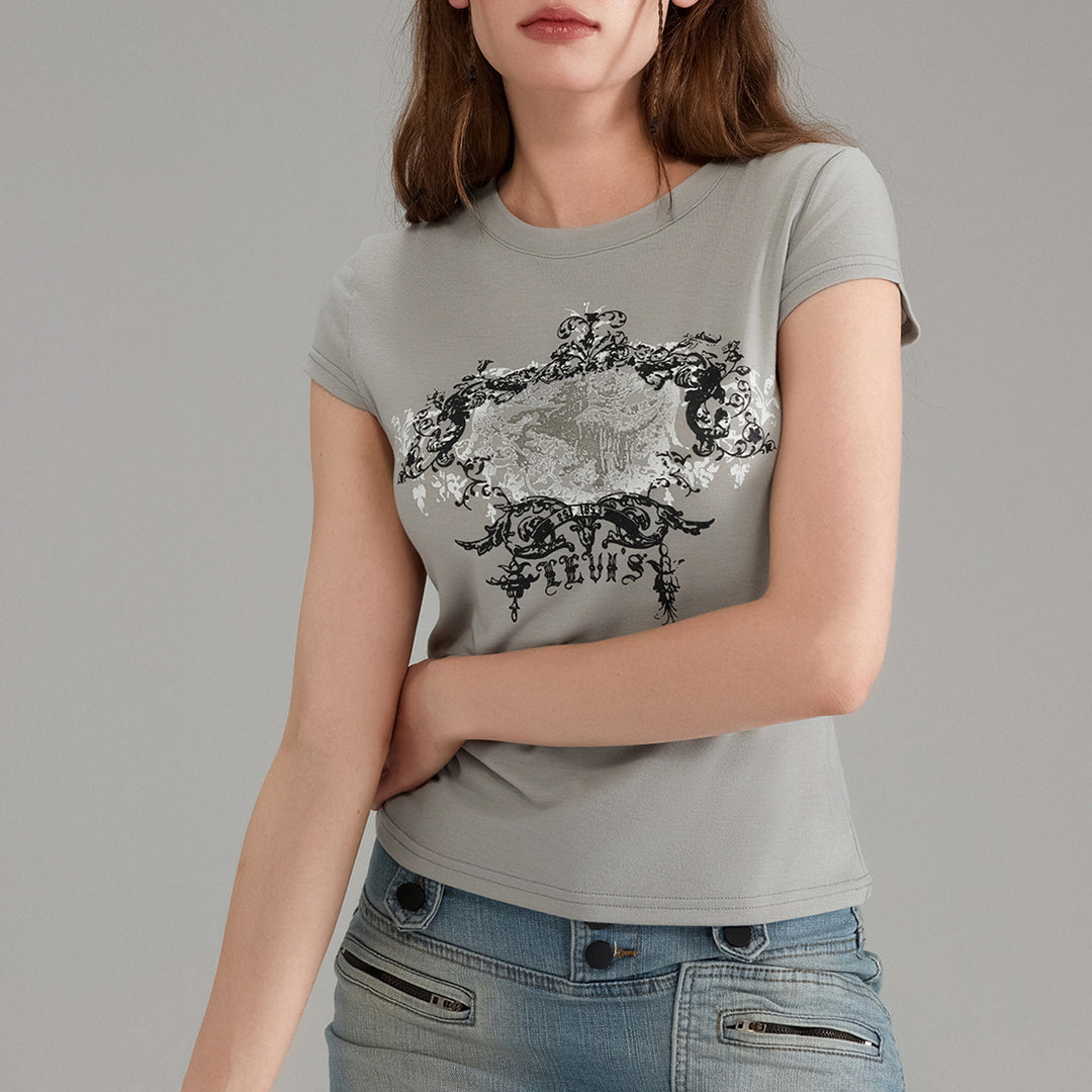 Damen lässiges Grafik-Crop-Top mit Rundhals-Ausschnitt Echo Archiv