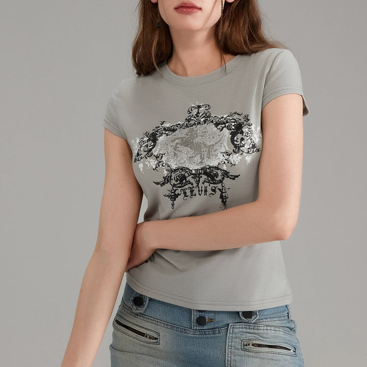 Damen lässiges Grafik-Crop-Top mit Rundhals-Ausschnitt Echo Archiv
