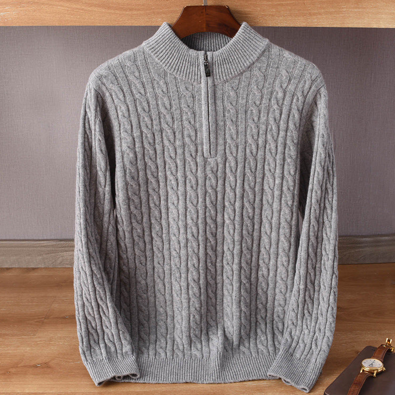 Herren Zopfmuster-Halbzip-Pullover aus weichem Wollmix mit Stehkragen Echoarchiv