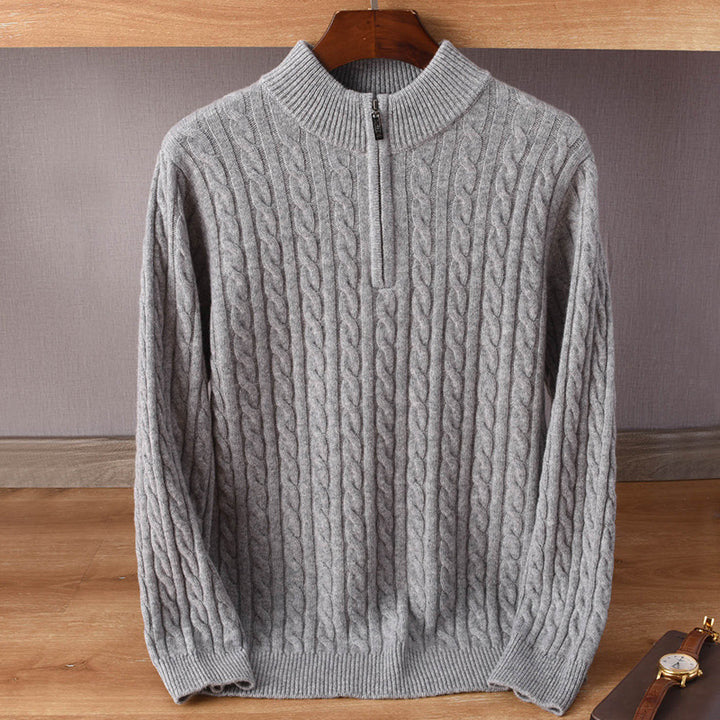 Herren Zopfmuster-Halbzip-Pullover aus weichem Wollmix mit Stehkragen Echoarchiv