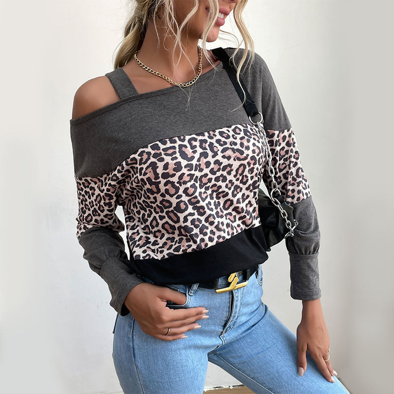 Damen Legerer Off-Shoulder Pullover mit Leoparden‑Print, Kontrastblöcken und Spaghettiträger Echoarchiv
