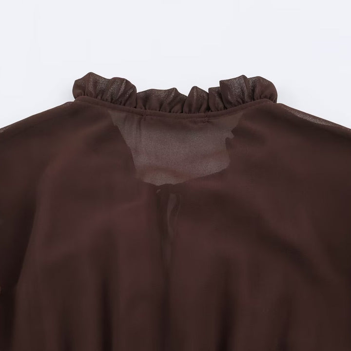 Damen verspieltes Midi-Tiered-Kleid mit Rüschenkragen, Bindeband und Volantstufen Echoarchiv