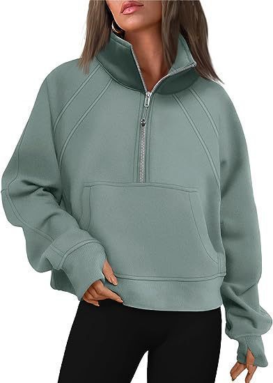 Damen nan weit geschnittenes Kurzpullover mit Stehkragen, halbem Reißverschluss und Kängurutasche Echo Archiv