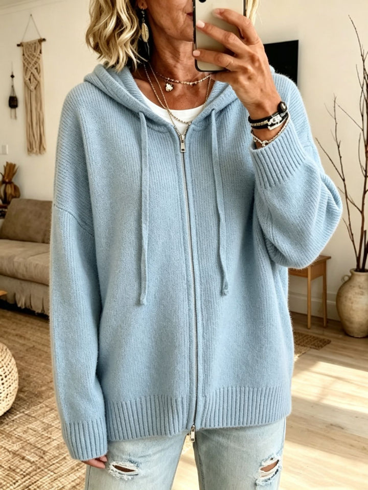Damen Grobgestrickter Zip‑Hoodie‑Cardigan mit Oversize‑Passform und gerippten Bündchen – Auréline