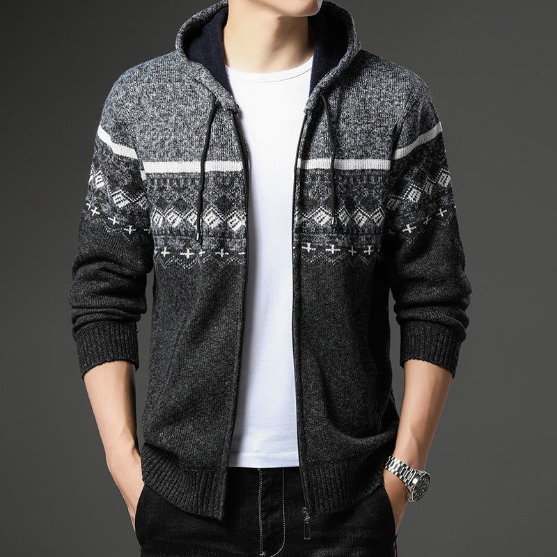Herren Strick-Zip-Hoodie mit Norwegermuster, Kapuze und Eingrifftaschen Echo Archiv