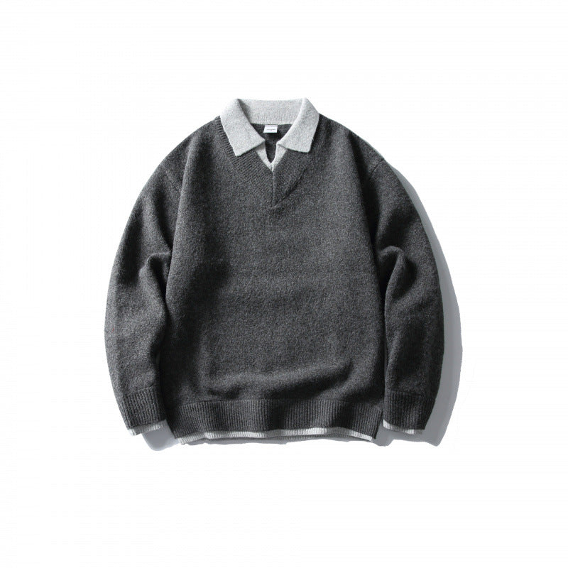 Unisex Oversize-Strickpullover mit kontrastierendem Polokragen und V‑Ausschnitt Echo Archiv