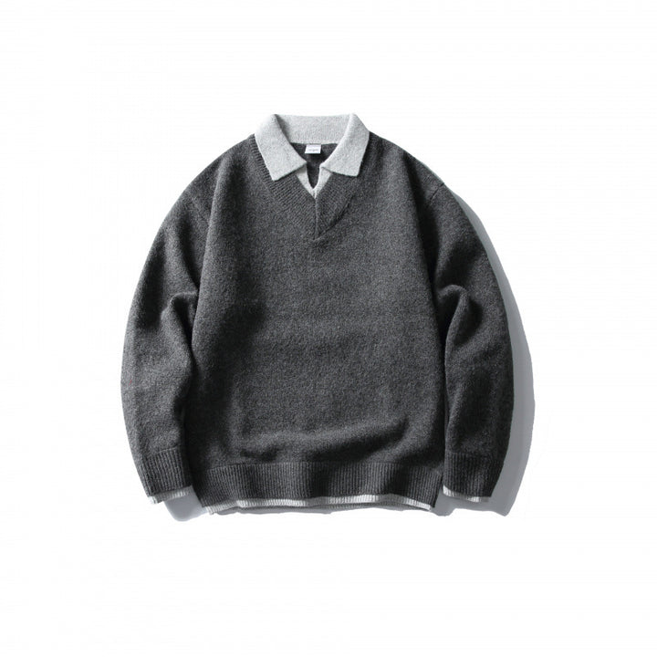 Unisex Oversize-Strickpullover mit kontrastierendem Polokragen und V‑Ausschnitt Echo Archiv