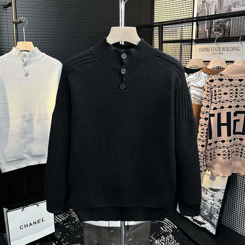 Herren Grobstrick-Pullover mit halber Knopfleiste und hohem Stehkragen Echoarchiv